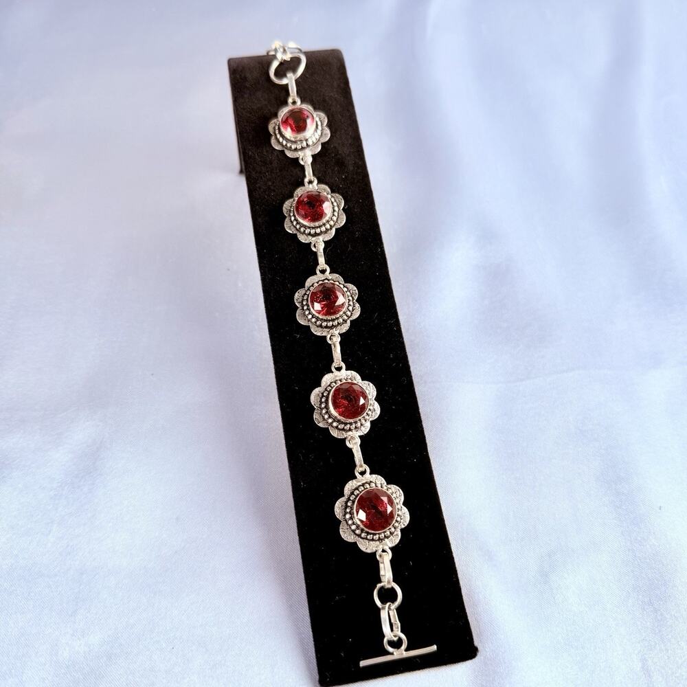 925 Sterling Silver Bracelet Red Garnet Gemstones Jewelry Handmade Chain 7.5”
